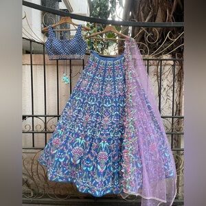 Customized designer Chamee & Palak blue dupion silk lengha & lilac dupatta